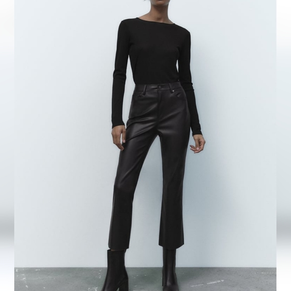 ZARA FLARED FAUX LEATHER  Pants BLACK Size 2 - Picture 4 of 11
